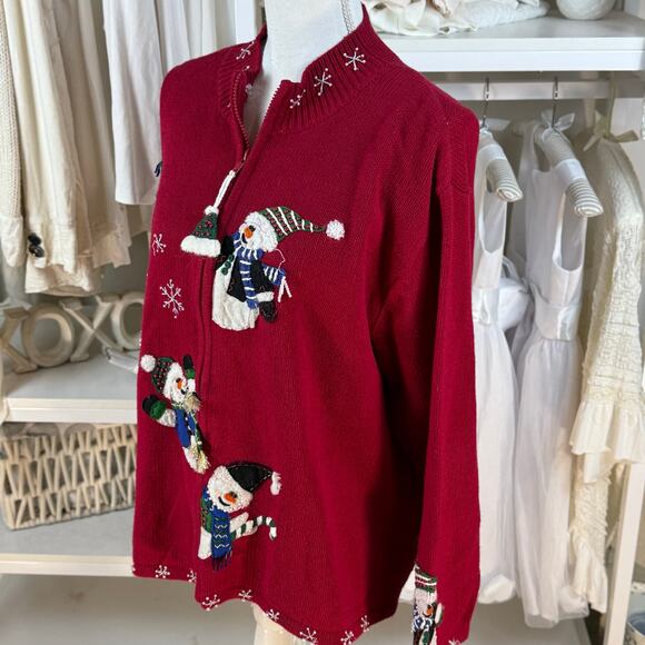 Heirloom Collectibles sz XL Snowman red full zip cardigan festive Christmas 4247 - Picture 2 of 10